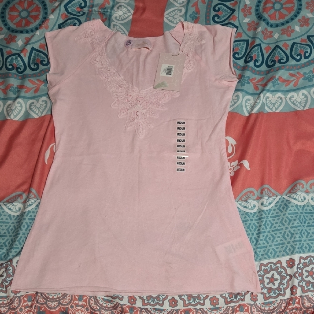 3/$10 Sweetees Pink Fitted Cap Sleeve Blouse with Embellishments